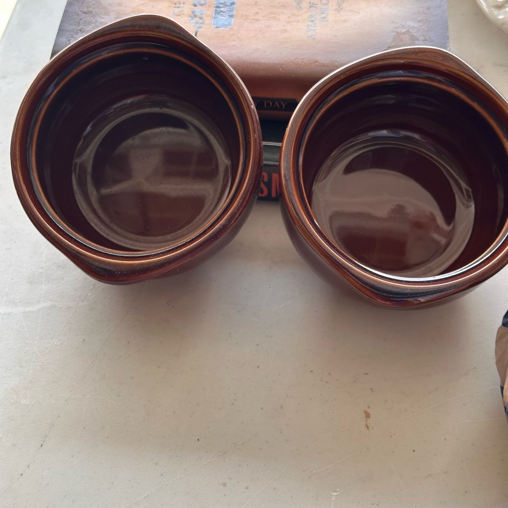 Brown Ceramic Bowls oven safe. Great for making French onion soup.
